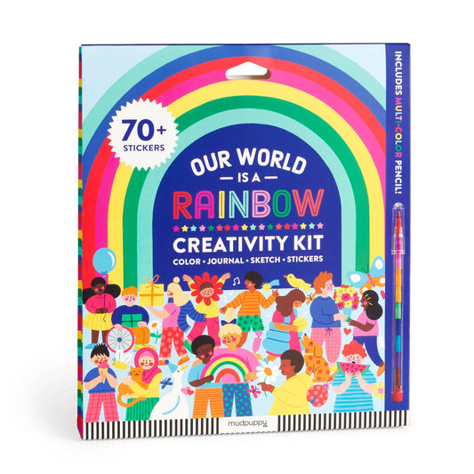 Creativity kit packaging with a rainbow design and many cartoony images of people of various skin colors and body types and white and rainbow text which reads, "Our World is a Rainbow Creativity Kit: color, journal, sketch, 70+ stickers, includes multi-color pencil!"
