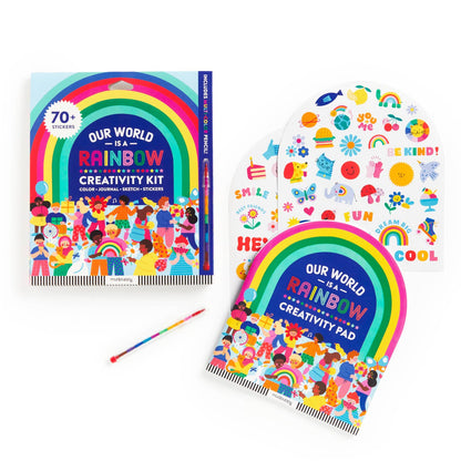 Our World is a Rainbow Creativity Kit packaging with two sheets of colorful stickers