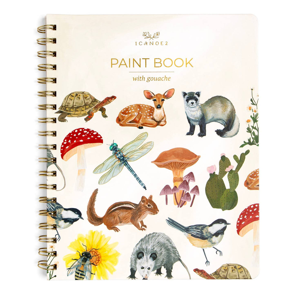 A spiral-bound paint book with a cream-colored cover decorated with watercolor illustrations of nature-themed animals and plants, including a deer, raccoon, turtle, dragonfly, mushrooms, cactus, birds, and a bee. The title 'PAINT BOOK with gouache' is printed on the cover, along with the brand name 'ICANOE2'.