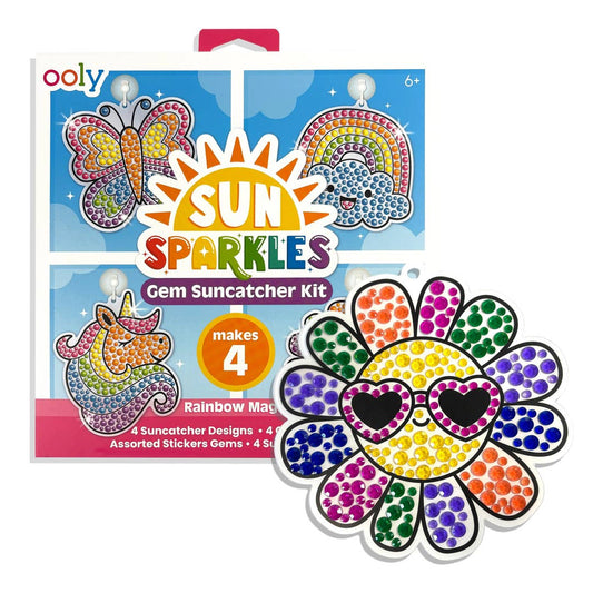 Sun Sparkles Gem Suncatcher Kit packaging with colorful design and 'olly' branding. Detailed image of one of the designs featuring a sun with heart shaped sunglasses