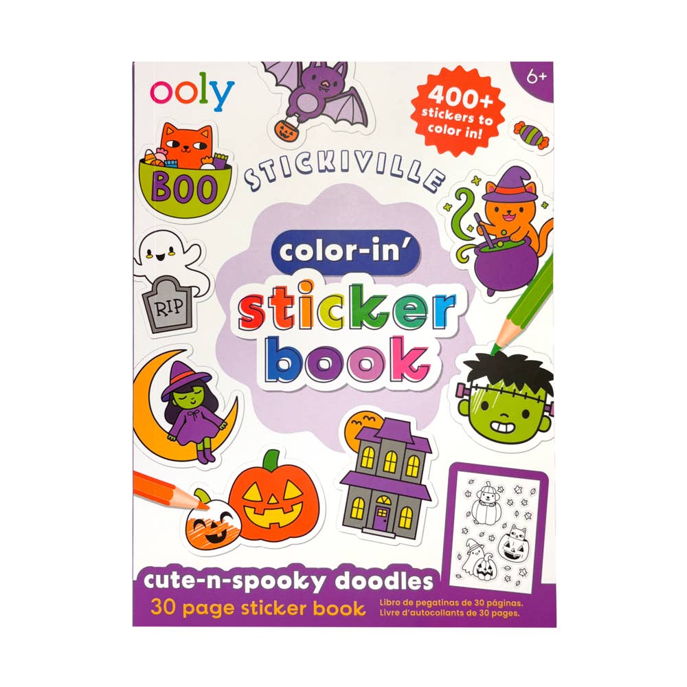Ooly Color-In Sticker Book featuring cute spooky cartoon illustrations including a pumpkin, haunted house, witch, Frankenstein's monster, bat, ghost, and orange cat on a white background with colorful title text.