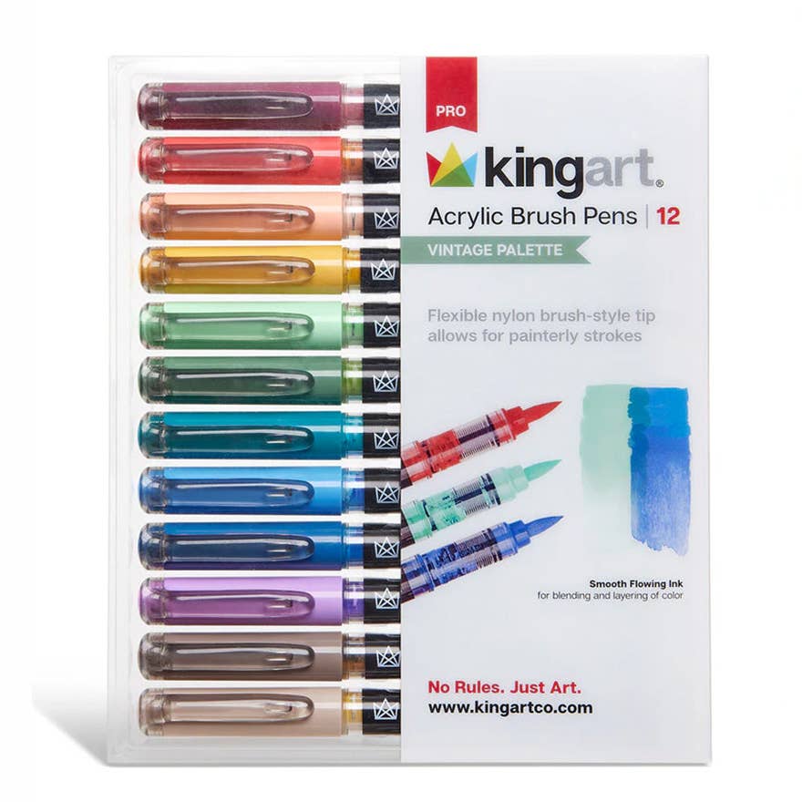 Kingart Pro Acrylic Brush Pens 12 Vintage Palette set in a clear plastic case with 12 colored pens visible, on a white background.