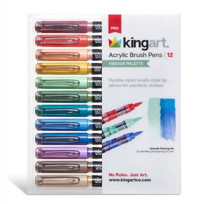 Kingart Pro Acrylic Brush Pens 12 Vintage Palette set in a clear plastic case with 12 colored pens visible, on a white background.