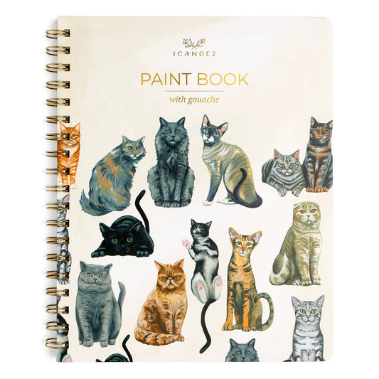 A spiral-bound paint book titled 'PAINT BOOK with gouache' by the brand ICANOE2, featuring a cover decorated with various gouache-style illustrations of cats in different colors and poses on a light cream background.