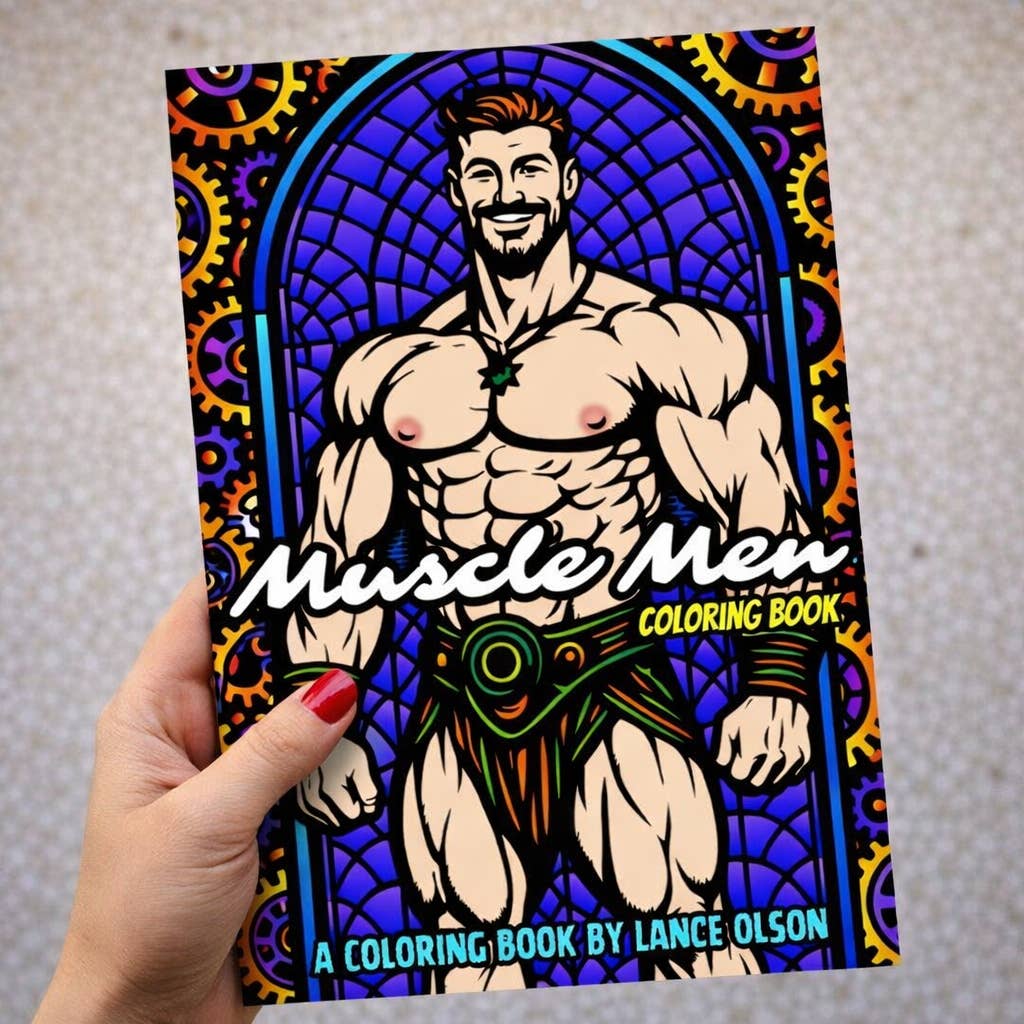 Cover of Muscle Men coloring book featuring a highly muscled man wearing a loin cloth in front of a stained glass window