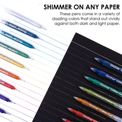 Marks made by the Grabie Jumbo Glitter Pens on both white and black paper with text that reads, "SHIMMER ON ANY PAPER - these pens come in a variety of dazzling colors that stand out vividly against both dark and light paper"