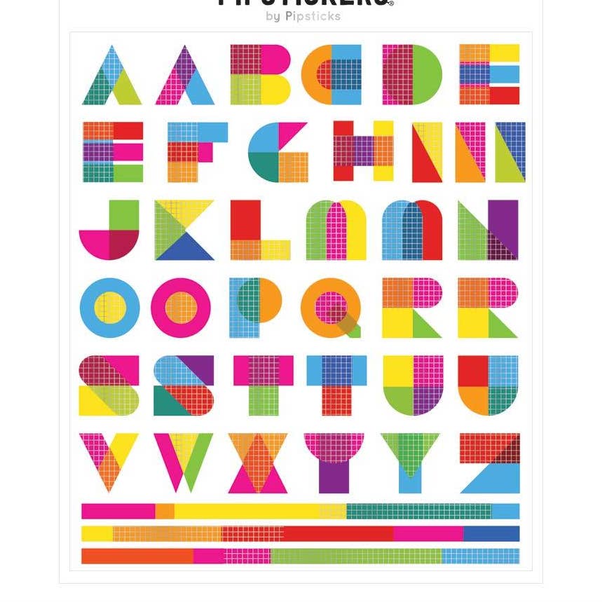 A colorful alphabet poster featuring decorative block letters from A to Z, each filled with a different bright geometric pattern and color. The letters are arranged in rows on a white background, with decorative horizontal bars at the bottom.