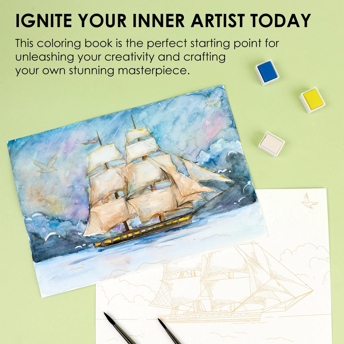 An example seaside scape with text that reads, "IGNITE YOUR INNER ARTIST TODAY - this coloring book is the perfect starting point for unleashing your creativity and crafting your own stunning masterpiece"