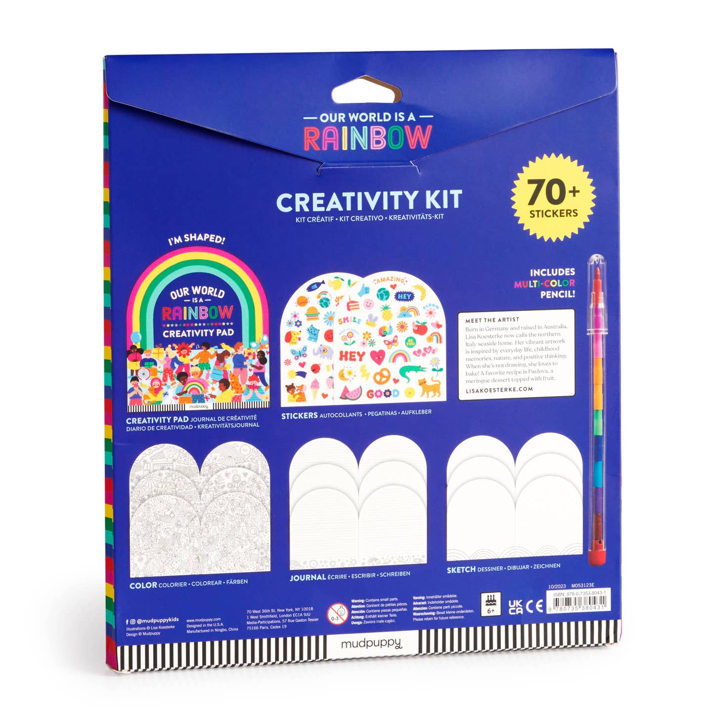 Back of packaging showing details of coloring book pages, and the multi-colored pencil tool
