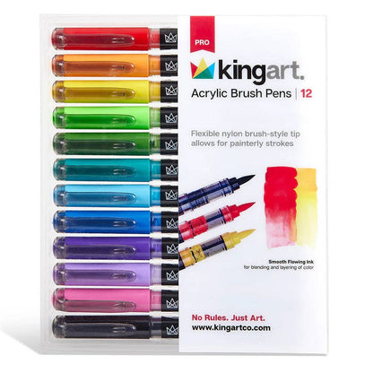 KingArt Pro Acrylic Brush Pens set of 12 Classic Colors in a clear plastic clamshell package, showing 12 different colored pens arranged vertically on a white background.