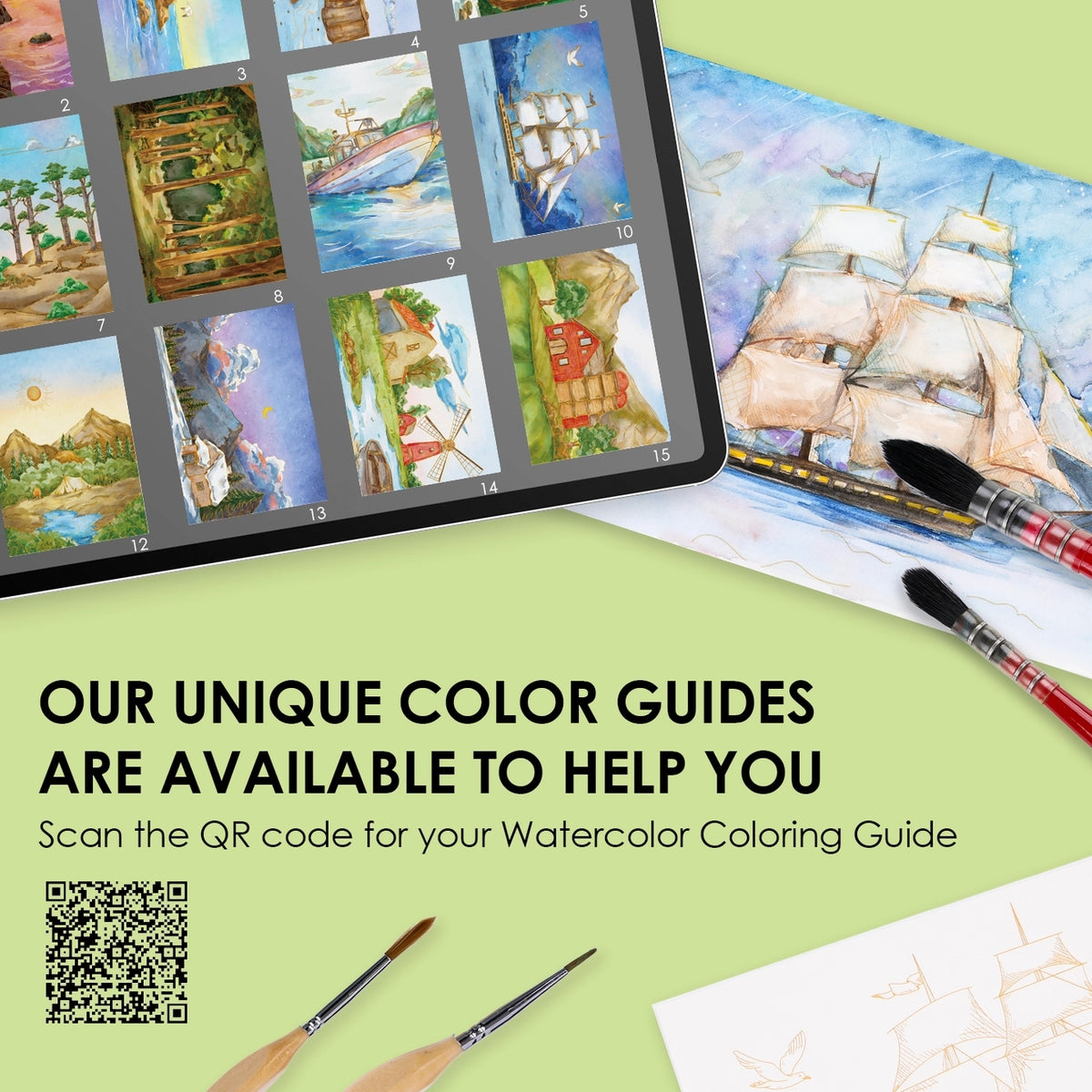 Examples of completed landscapes from the Watercolor Coloring Club Box with text that reads, "OUR UNIQUE COLOR GUIDES ARE AVAILABLE TO HELP YOU - scan the QR code for your Watercolor Coloring Guide"