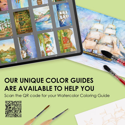 Examples of completed landscapes from the Watercolor Coloring Club Box with text that reads, "OUR UNIQUE COLOR GUIDES ARE AVAILABLE TO HELP YOU - scan the QR code for your Watercolor Coloring Guide"