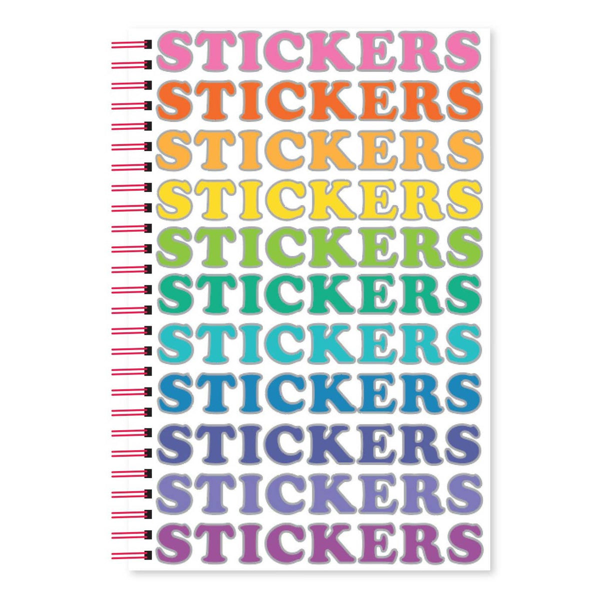 A spiral-bound reusable sticker book with a white cover featuring the word 'STICKERS' repeated in multiple pastel and bright colors, with red spiral binding along the left side.