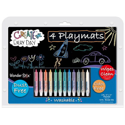 4 blackboard placemats with doodles of flowers, cars, and a rocket ship with 8 colors of wonderstix: red, pink, orange, yellow, green, lime, teal, blue, purple, grey, brown, and white