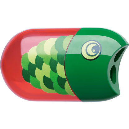 Pencil sharpener in a green and red fish design showing the two holes 
