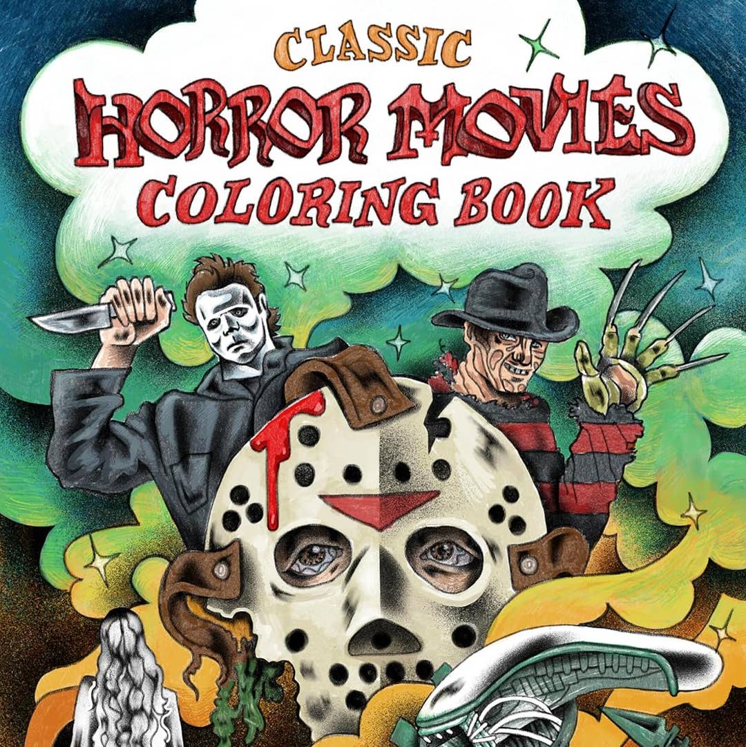 Cover of 'Classic Horror Movies Coloring Book' in full color with characters from Halloween, Friday the 13th, and Alien.
