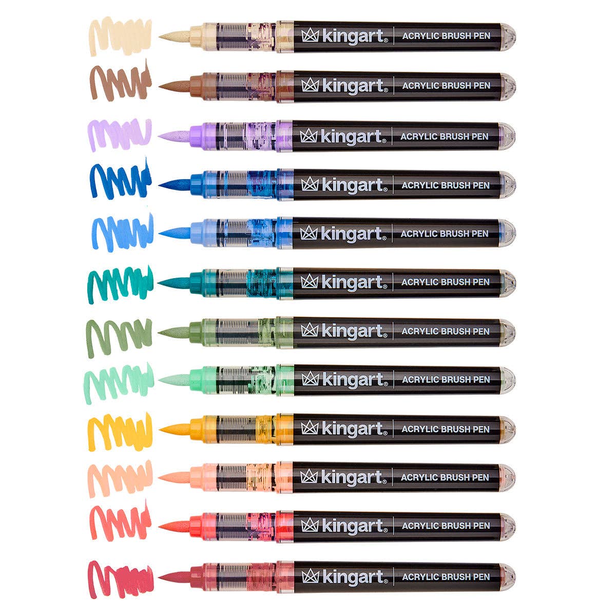 Set of Kingart acrylic brush pens in the Vintage Colors palette on a white background 