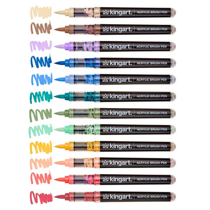 Set of Kingart acrylic brush pens in the Vintage Colors palette on a white background 