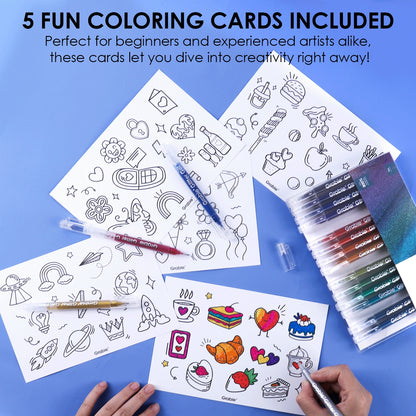 Coloring sheets included with text that reads, "5 FUN COLORING CARDS INCLUDED - perfect for beginners and experienced artists alike, these cards let you dive into creativity right away!"