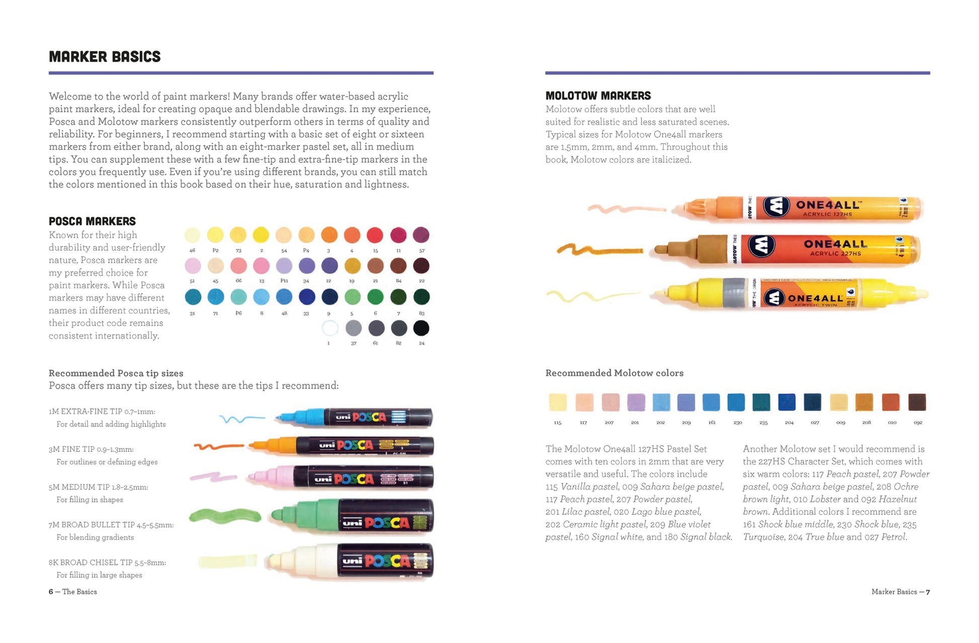 Page from a book or manual on marker basics with color swatches and markers displayed.