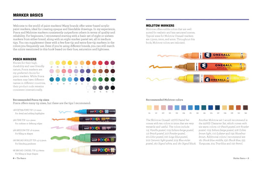 Page from a book or manual on marker basics with color swatches and markers displayed.