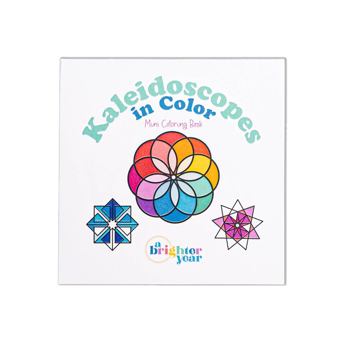 a close up of the cover of the Kaleidoscopes coloring book featuring a rainbow color wheel and two prisms, one blue and one pink