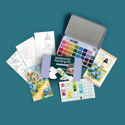Cape Harbor watercolor painting kit with color swatches, cards, and a tin on a teal background