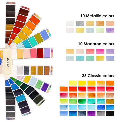 Grabie Foldable Watercolor Set of 56 with swatch cards showing the included 10 Metallic colors, 10 macaron colors, and 36 classic colors
