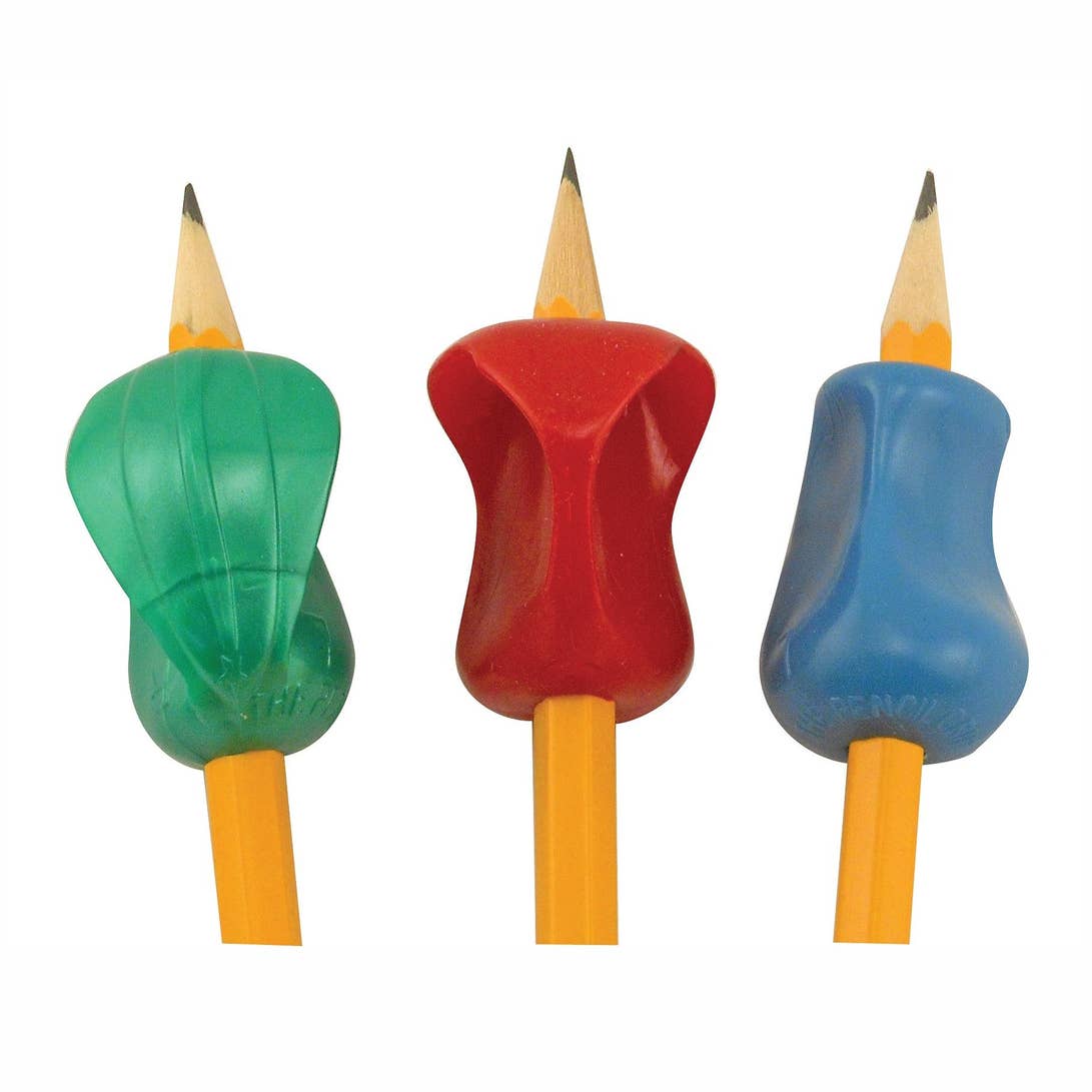 Three pencils each with a different step grip for the different stages of grip development. First step is green, then red, then blue. 