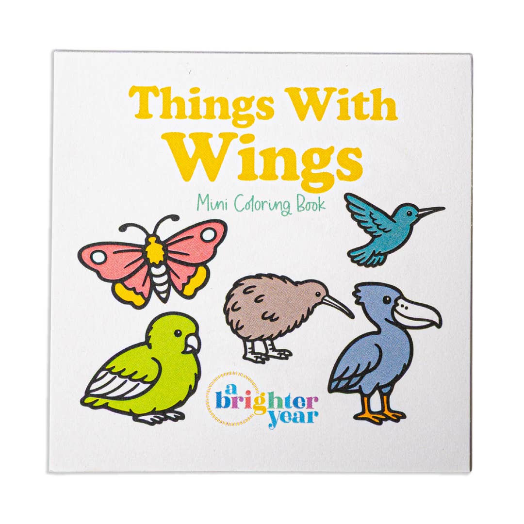 Cover of "Things with Wings" mini coloring book with colored drawings of a butterfly, hummingbird, parrot, kiwi, and shoebill stork