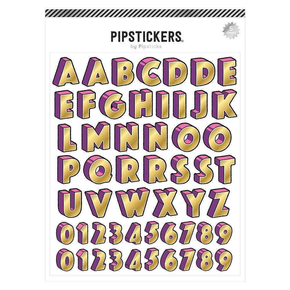 A sheet of PIPSTICKERS alphabet and number stickers featuring a 3D isometric design in gold and purple, displayed on a white background.