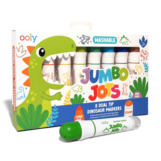 Ooly Jumbo Jots Washable Dinosaur Markers set in a colorful children's box with an extra green marker placed in front on a white background.