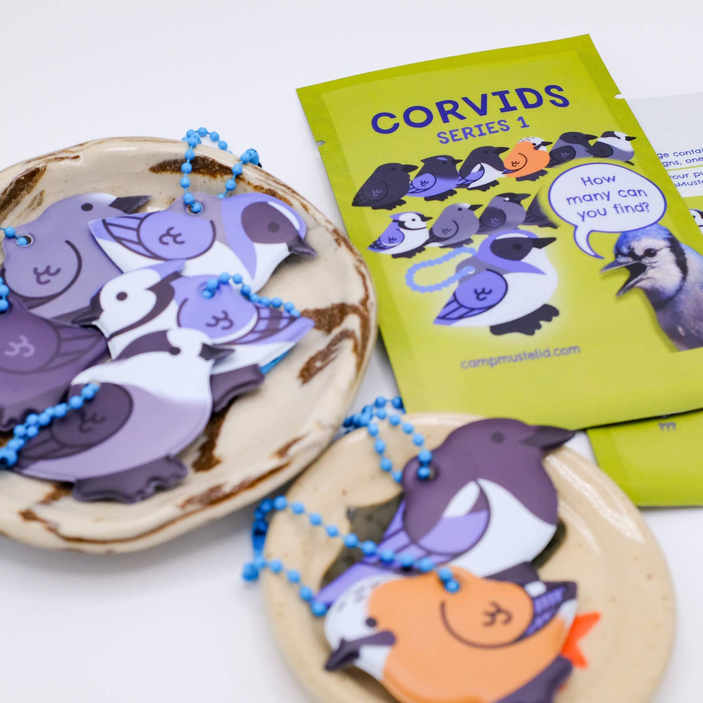 A set of cute corvid keychains on blue beaded chains, displayed on a ceramic dish next to a lime green packaging card labeled 'CORVIDS SERIES 1'.