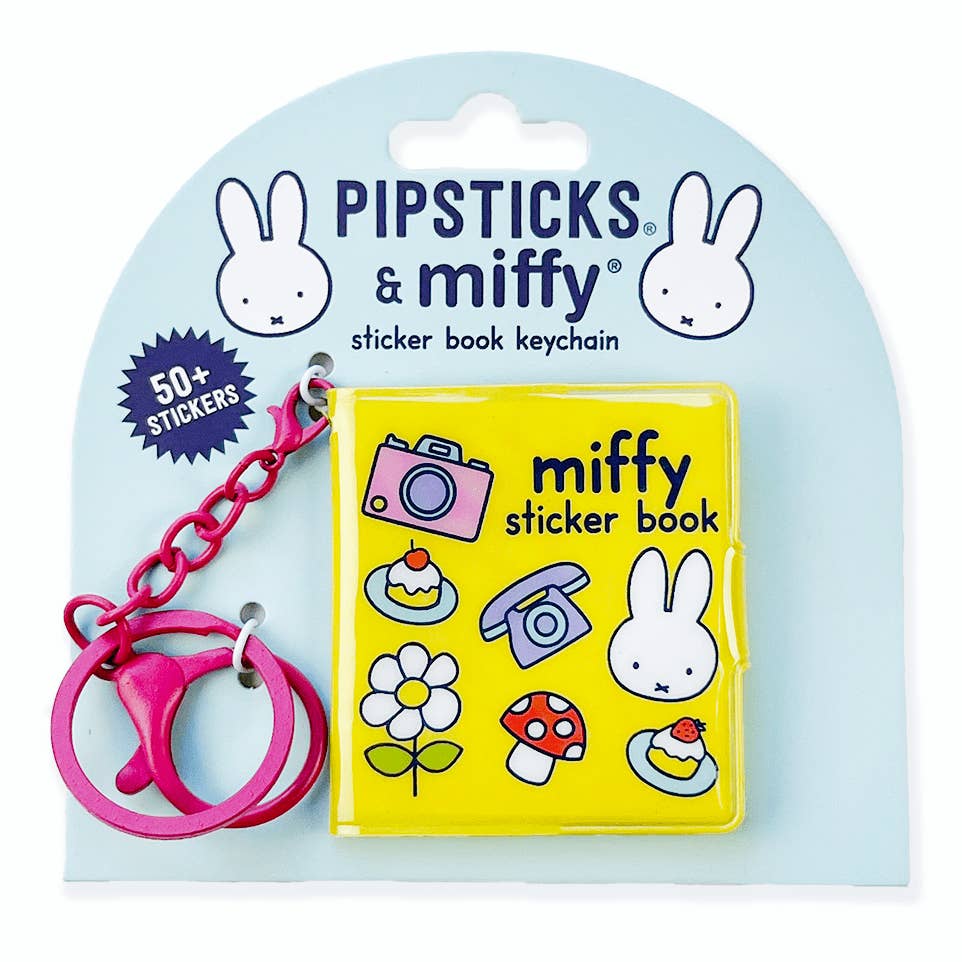 Pipsticks & Miffy sticker book keychain in its retail packaging. The product features a bright yellow pocket-sized sticker book with Miffy illustrations and a hot pink keychain clasp and chain, mounted on a light blue arched backing card.