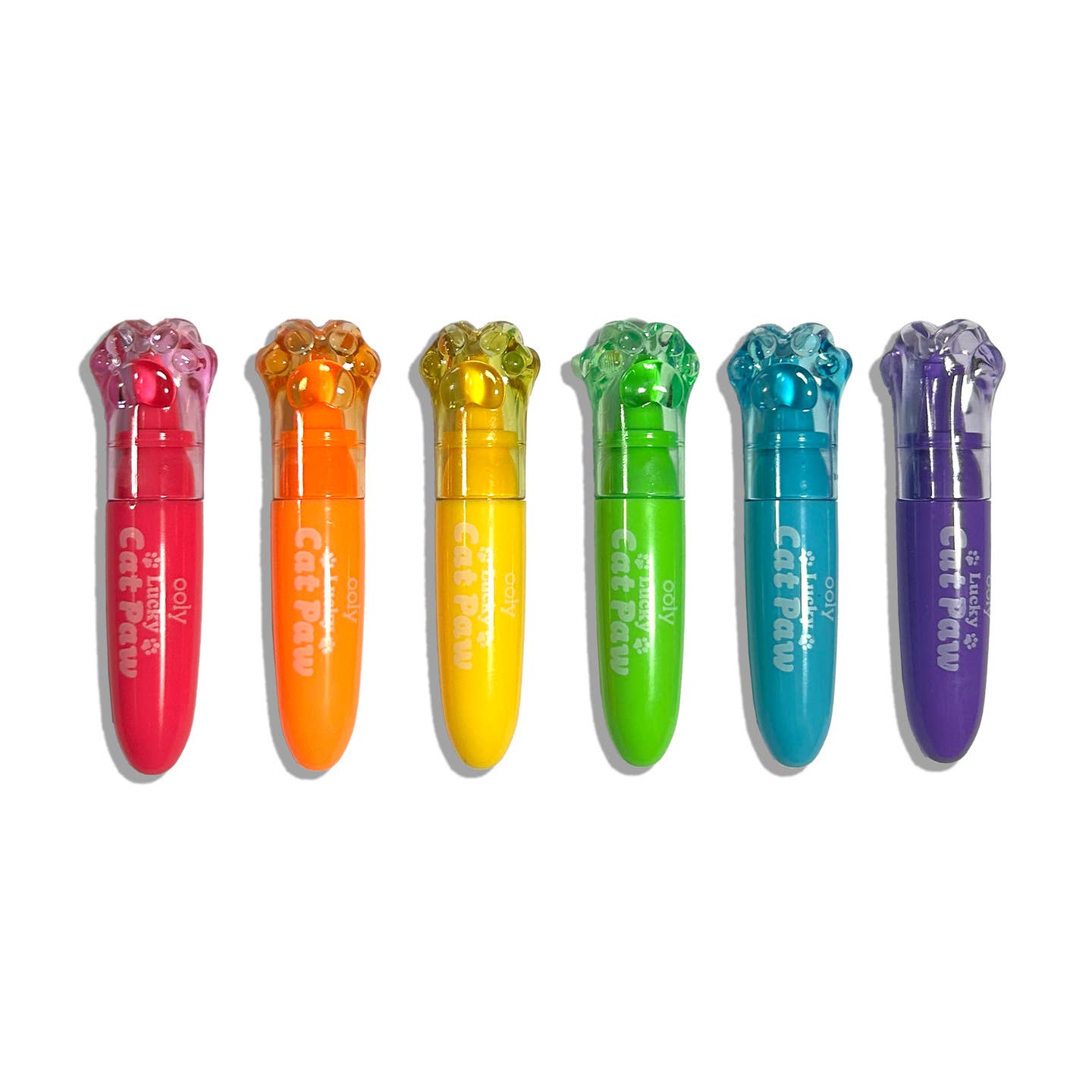 Six Cat Paw highlighters in a row, featuring translucent paw-shaped caps in pink, orange, yellow, green, blue, and purple on a white background.