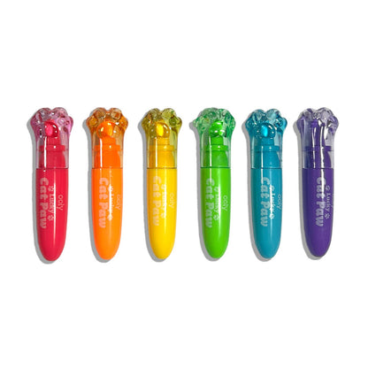 Six Cat Paw highlighters in a row, featuring translucent paw-shaped caps in pink, orange, yellow, green, blue, and purple on a white background.
