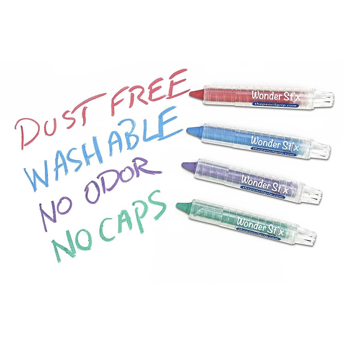 the words "dust free, washable, no odor, no caps" written in red, blue, purple, and green wonderstix