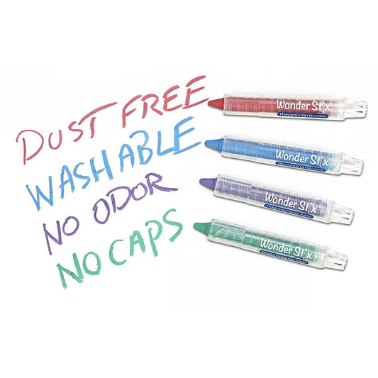 the words "dust free, washable, no odor, no caps" written in red, blue, purple, and green wonderstix