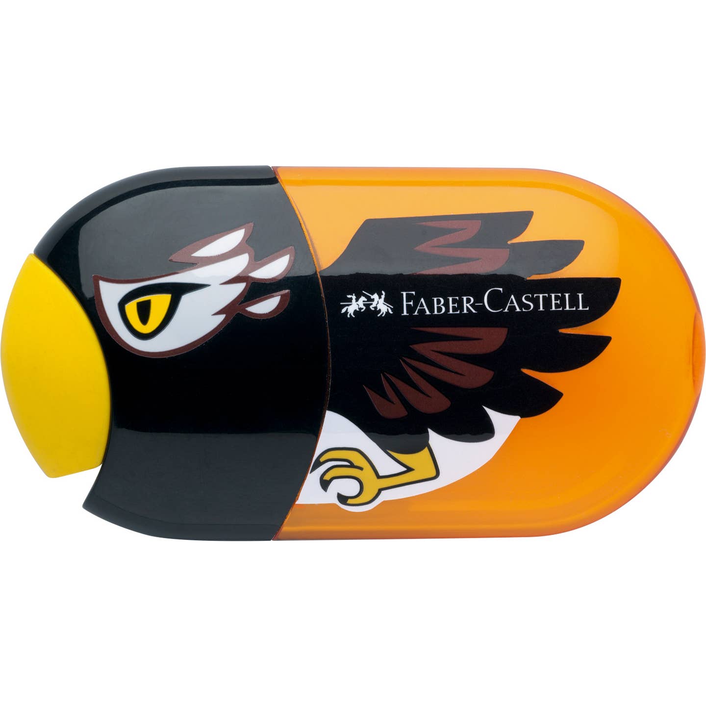 Pencil sharpener in a yellow, brown and black eagle design showing the eraser that serves as a cover for the two holes of the sharpener