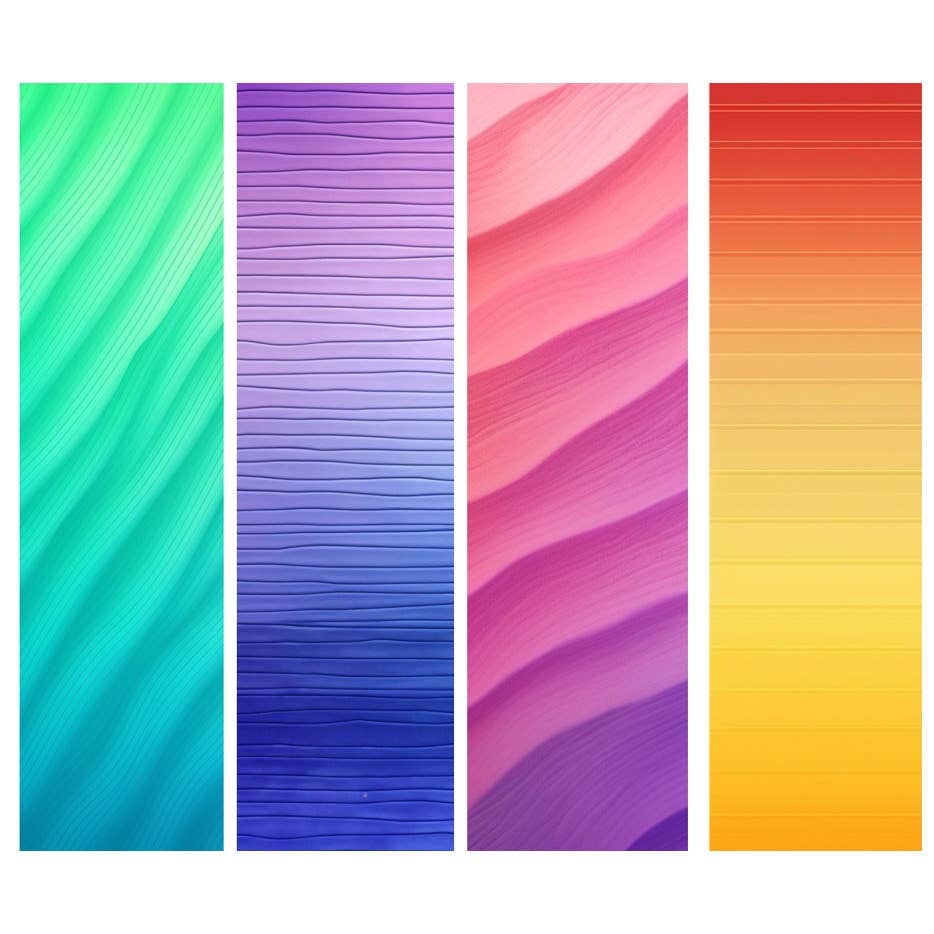 4 designs of zen strips one green to teal gradient, one blue to purple, one pink to purple, one orange to yellow.