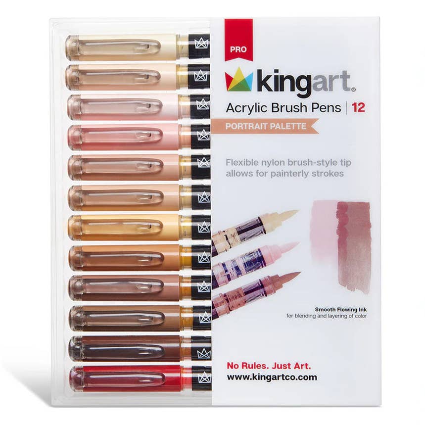 Kingart Pro Acrylic Brush Pens in a 12-color portrait palette, shown in a clear plastic case with 12 pens arranged vertically. The pens feature a gradient of skin-tone and neutral shades from beige and brown to red and black.
