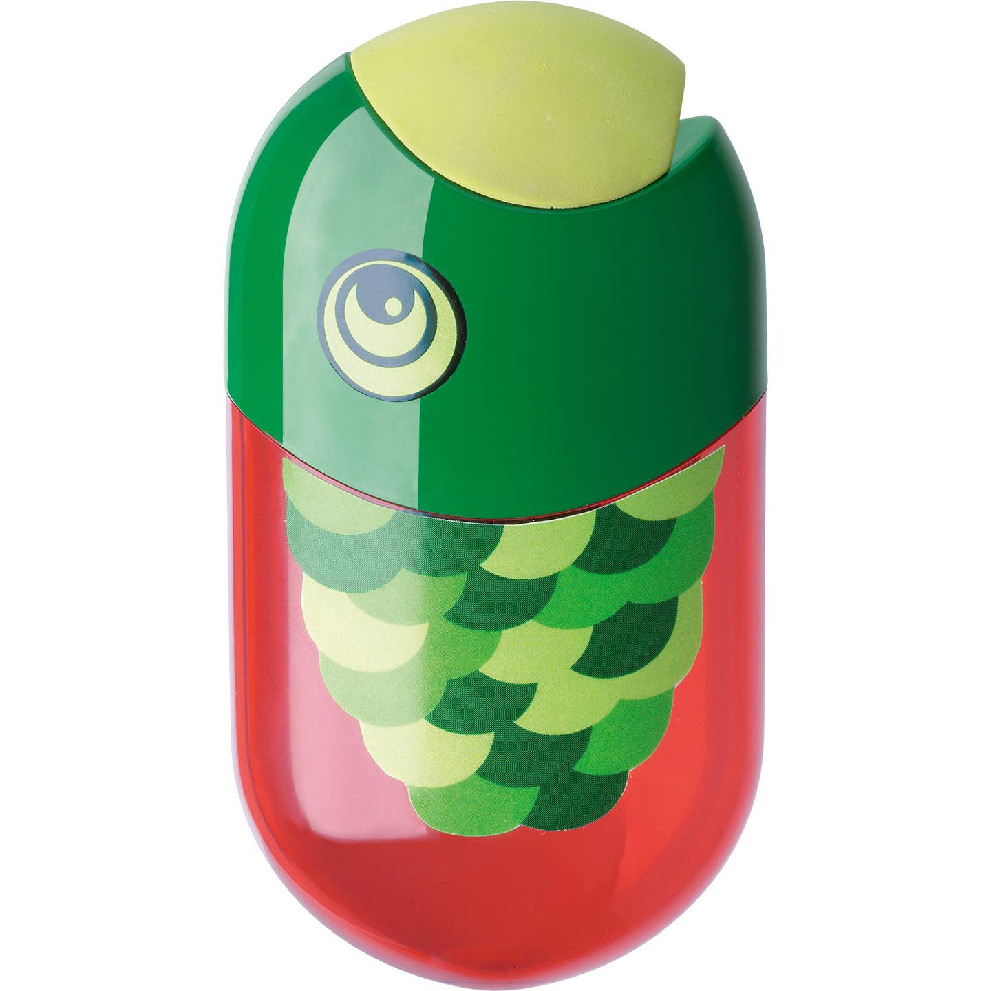 Pencil sharpener in a green and red fish design showing the eraser that serves as a cover for the two holes of the sharpener