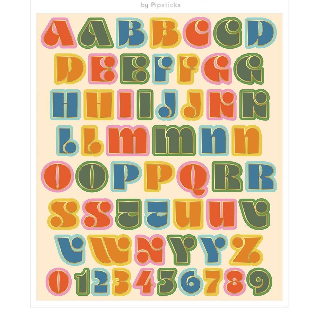 A retro-style alphabet and number sticker sheet featuring colorful bubble letters and numbers in shades of orange, yellow, green, blue, and pink on a pale peach background. The brand name 'by Pipsticks' is printed at the top.