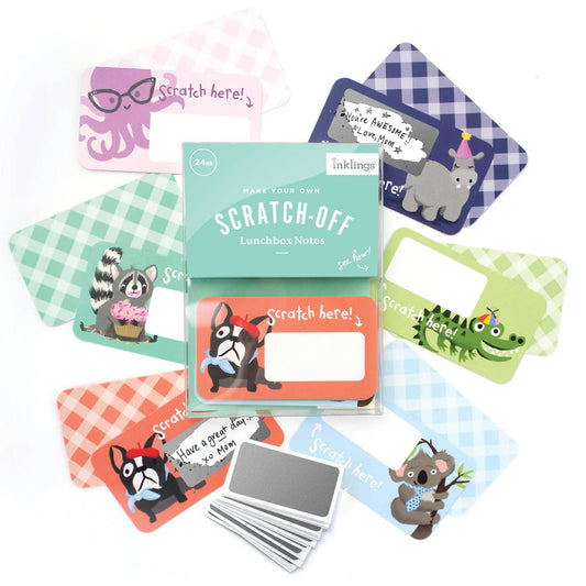 A set of colorful scratch-off lunchbox notes by indlings, featuring various cartoon animal illustrations and gingham patterns on a white background.