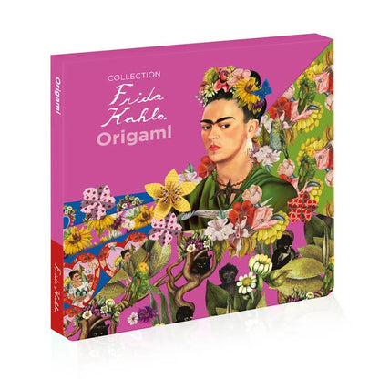 Pink packaging of the Frida Kahlo origami papers featuring her self portrait and a selection of origami papers with patterns from her paintings
