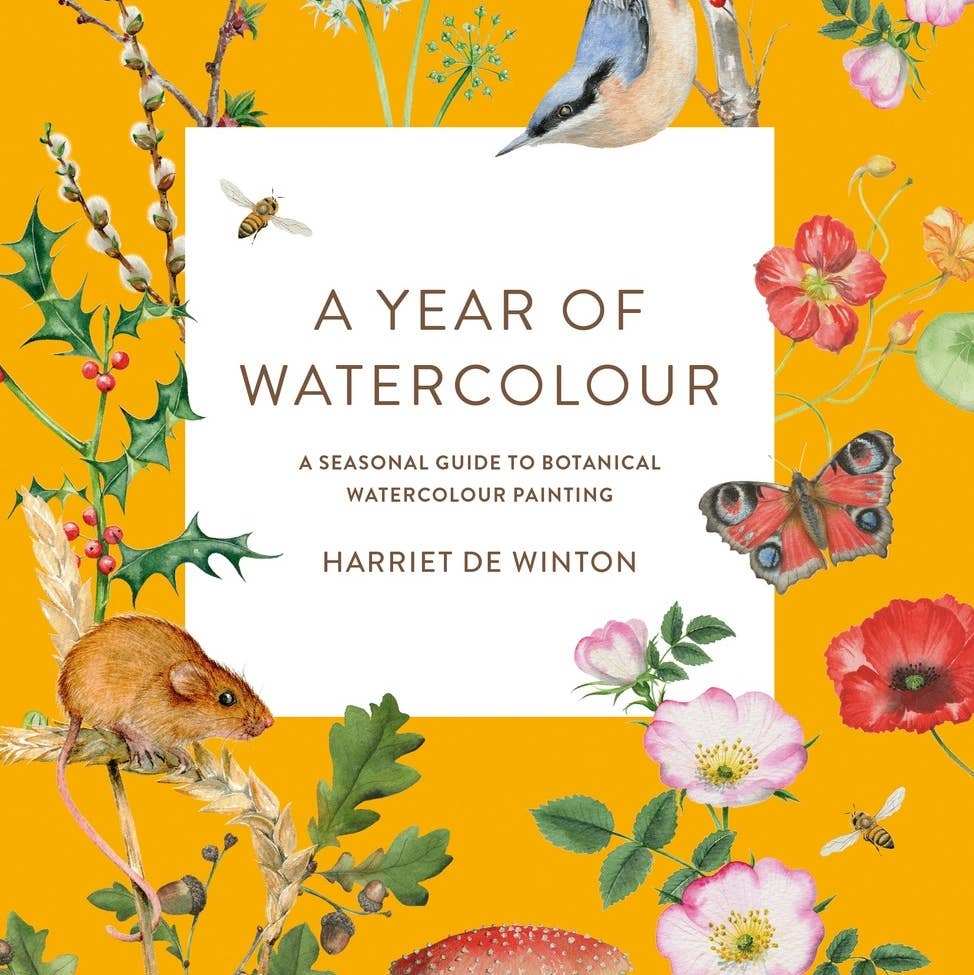 The cover of A Year of Watercolour: a Seasonal Guide to Botanical Watercolour Painting by Harriet Winton. The title text is in olive green text on a white background square surrounded by an orange background with birds, mushrooms, mice, butterflies, and flowers