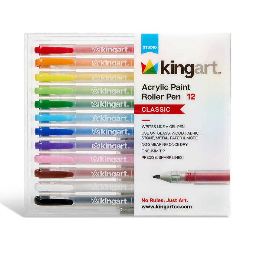 Kingart Studio 12 Acrylic Paint Roller Pen set in a clear plastic case with a white product box, showing 12 different colored pens.
