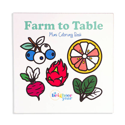 Cover of "Farm to Table" mini coloring book with partially colored in drawings of blueberries, oranges, dragonfruit, beets, and collards
