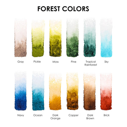 Swatch card for Forest Colors: Gray, PIckle, Moss, Pine, Tropical Rainforest, Sky, Navy, Ocean, Dark Orange, Copper, Dark Brown, and Brick