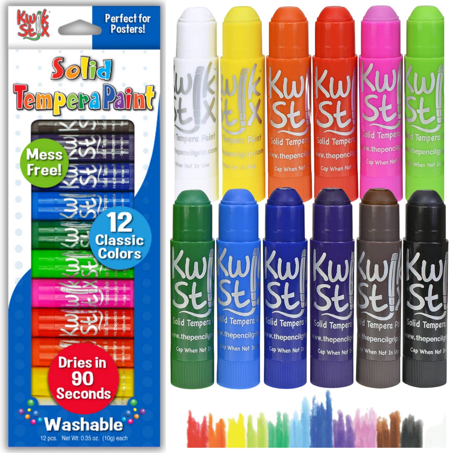 tempera paint sticks in white, yellow, orange, red, pink, lime, green, sky blue, royal blue, navy blue, brown, and black